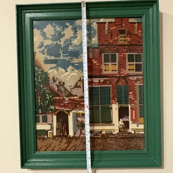 Vintage Needlepoint Cross-stitch Art Framed Johannes Vermeer 19.5 LX 16.5 W